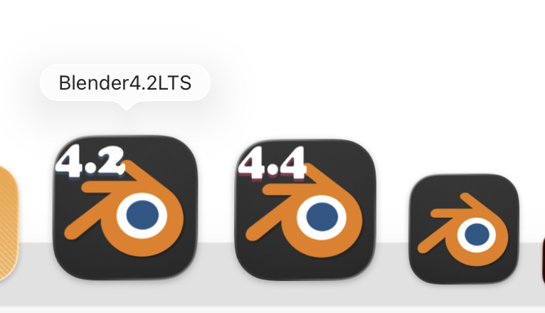 Macで、Blender 4.2 / 4.4 / 5 の3つをDockに入れている図（アイコンも描き替えた）