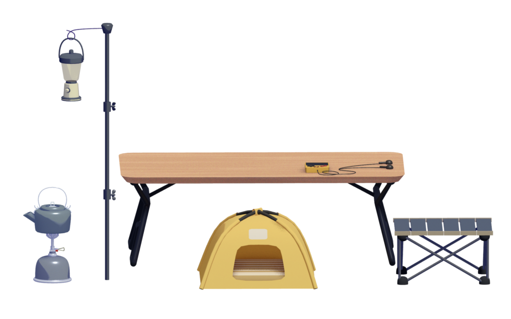 キャンプ用品一式（机の上にはゲーム機、机の下には犬用テント）
